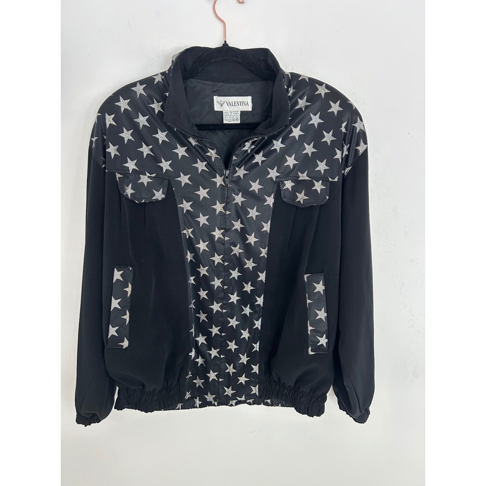 Valentina Vintage Star Print Bomber Jacket Black Silver Zip Up One Size OSFM